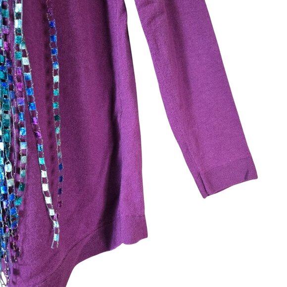 J Jill Purple Sweater Tunic Small Cotton Blend w Long Multicolor Fringed Scarf - Picture 3 of 14